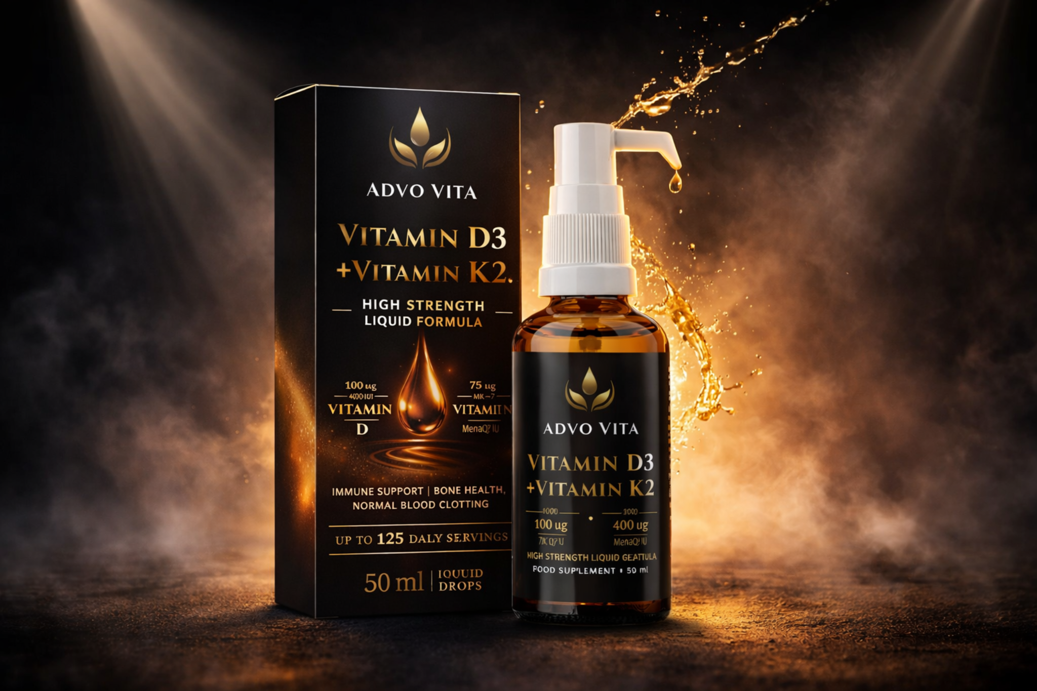 Advo Vita product rendered with warm gold lighting